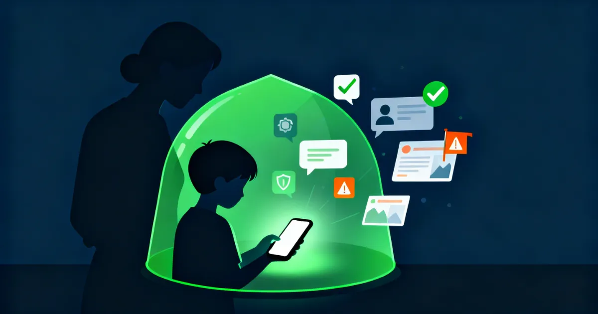 Parent monitoring child phone activity with protective shield — parental control monitoring guide