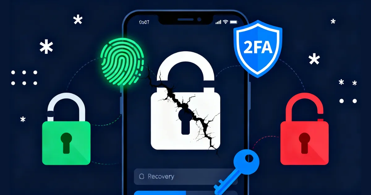 Phone lock screen with padlock, fingerprint scanner, and 2FA shield — password security guide